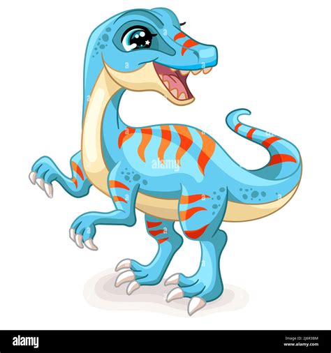 Happy dinosaur blue velociraptor. Cute cartoon character. Vector isolated illustration. For ...