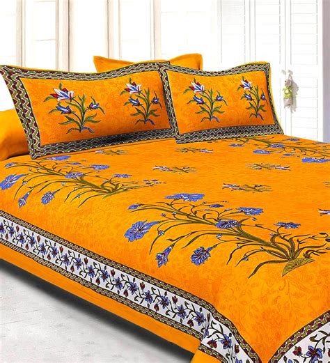 Buy Orange Floral 300 Tc Cotton 1 Double Bedsheet With 2 Pillow Covers