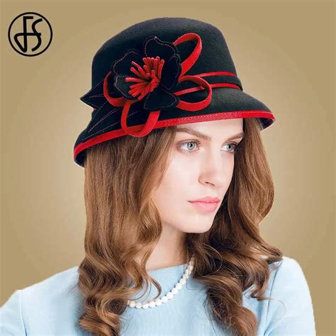 Fs Red Fedora Women Wool Hat Winter Flowers Felt Cloche Hats