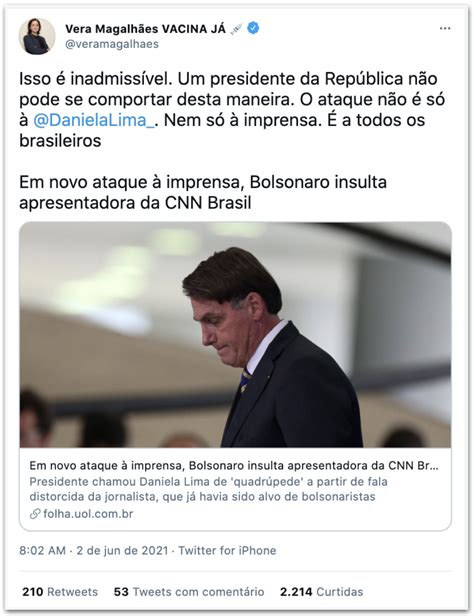 Jornalistas e políticos saem em defesa de Daniela Lima e criticam Bolsonaro