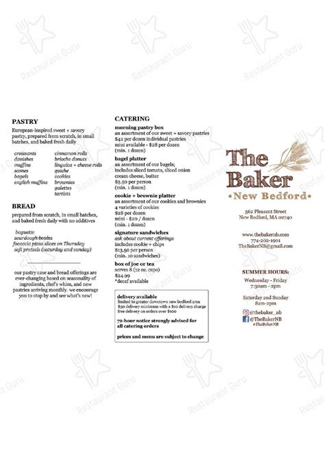 Menu at The Baker - New Bedford restaurant, New Bedford