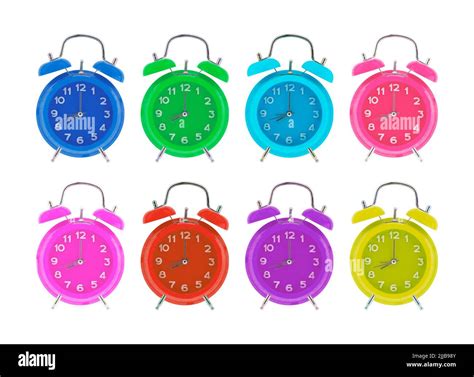 Colorful Of Alarm Clocks Showing 8 O Clock Isolated On White Stock