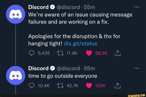 Discord @ @discord We're aware of an issue causing message failures and ...