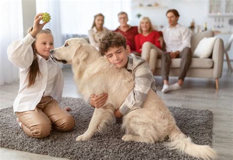 Niños Adorables Jugando Y Abrazando a Un Perro Mascota Mientras Su Gran