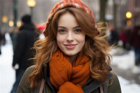 Premium Ai Image A Woman With Red Hair Wearing A Hat And Scarf In The