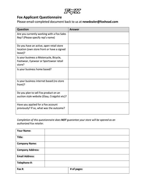 Fillable Online Fox Applicant Questionnaire FoxRacing Fax Email