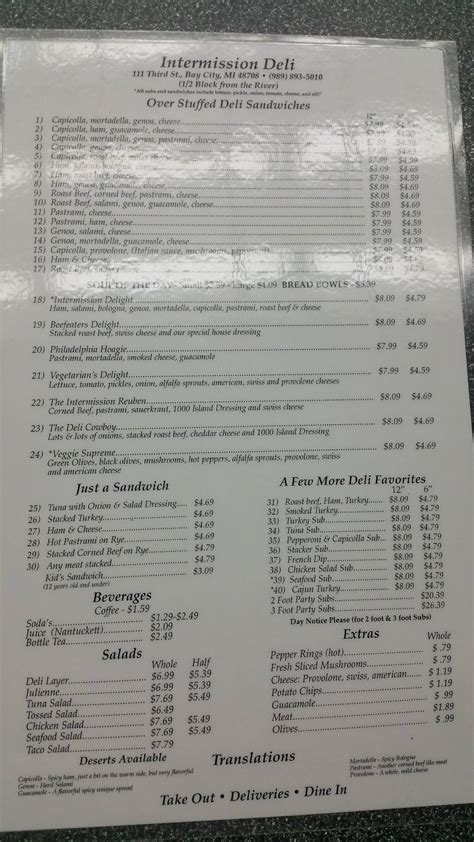 Menu at Intermission Deli fast food, Bay City