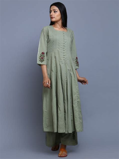 Pista Green Hand Block Printed Cotton Anarkali Kurti Designs Party