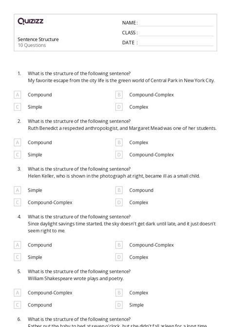 50 Sentence Structure Worksheets For 7th Grade On Quizizz Free