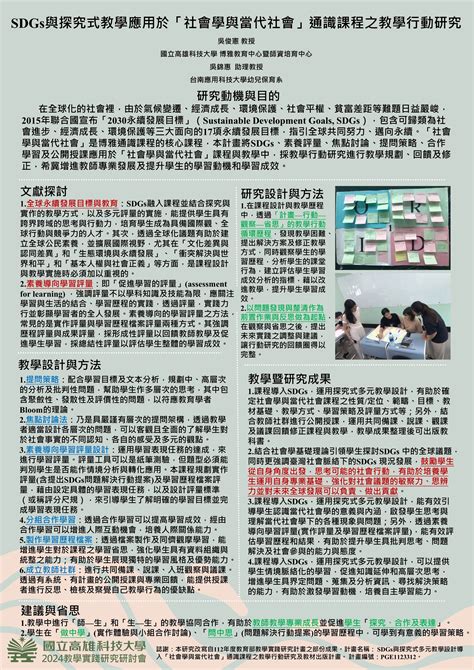 【ap 12】sdgs與探究式教學應用於「社會學與當代社會」通識課程之教學行動研究 1吳俊憲 教授2吳錦惠 助理教授 1國立高雄