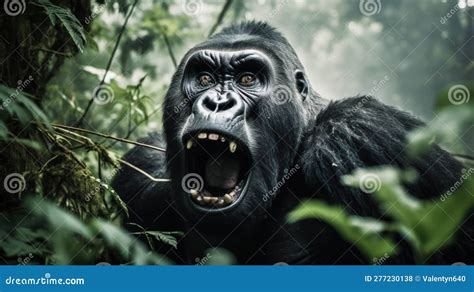 Close Up Of Gorilla With Its Mouth Open And Mouth Wide Open Generative