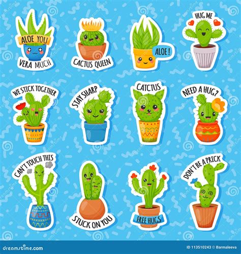 Sistema De Cactus Y De Succulents Lindos De La Historieta Con Las Caras