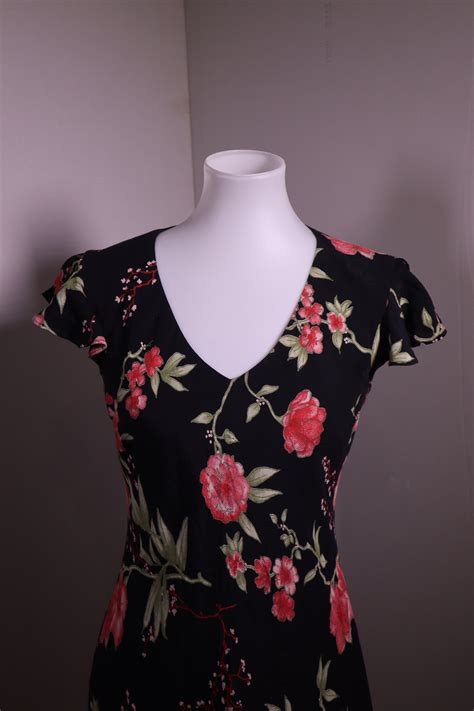 Lovely Vintage Evan Picone Black Floral S Midi Dress Ruffle Sleeves