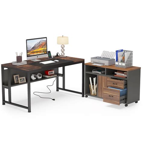 L-Shaped Desk, 55″ Executive Computer Desk with File Cabinet & Power ...