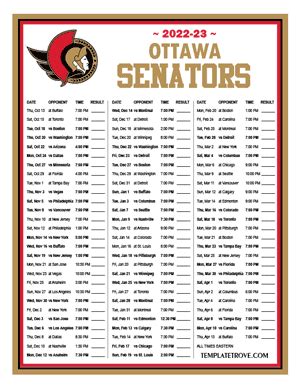 Printable 2022-2023 Ottawa Senators Schedule