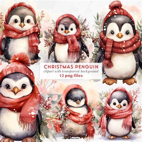 Cute Red Christmas Penguin Clipart Red Watercolor Christmas Classic