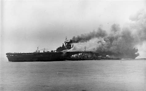 Photo The Uss Bunker Hill Burning From Two Special Attack Aircraft