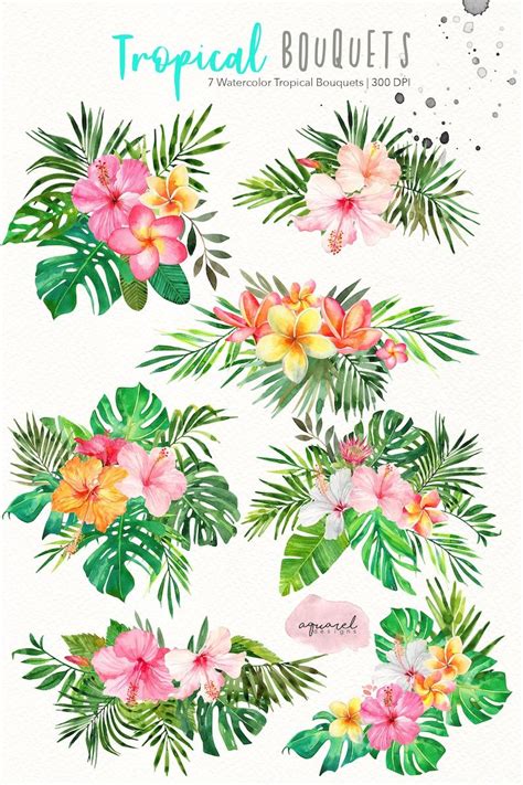 Watercolor Tropical Flower Bouquets Clipart Hawaii Clipart Etsy