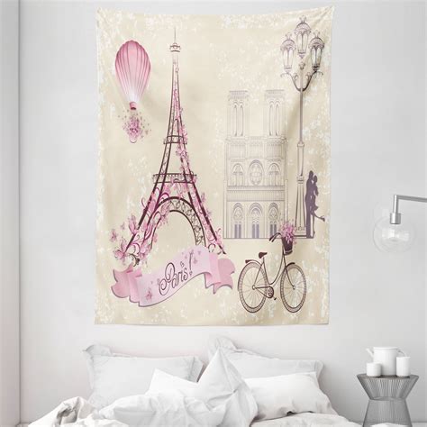 Kiss Tapestry Floral Paris Symbols Landmarks Eiffel Tower Hot Air Balloon Bicycle Romantic