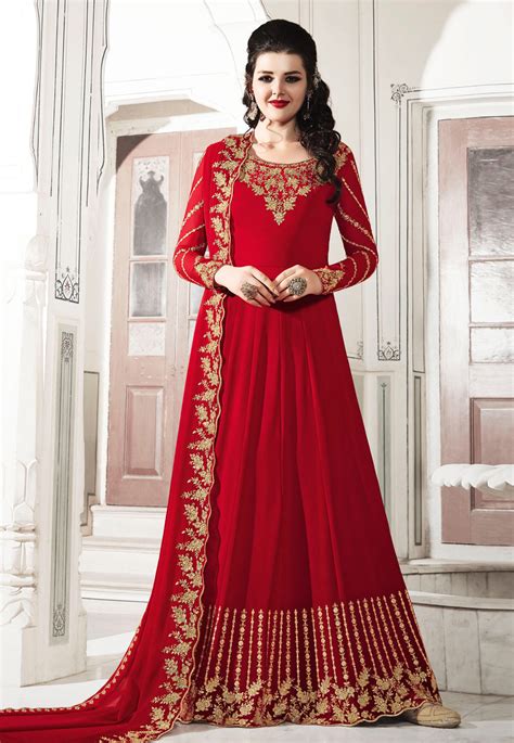 Red Faux Georgette Long Anarkali Suit 200566