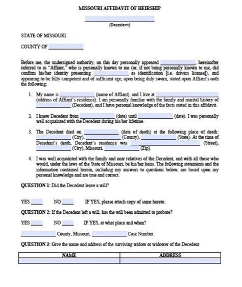 Free Missouri Affidavit Of Heirship Form Pdf Word