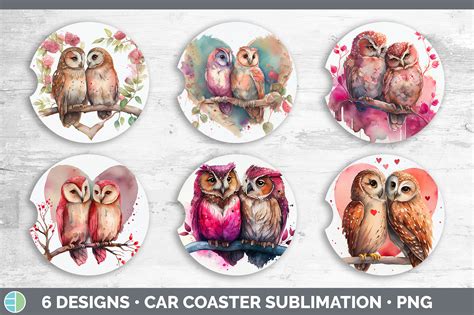 Valentines Owl Car Coaster Sublimation Designs Bundle By Enliven