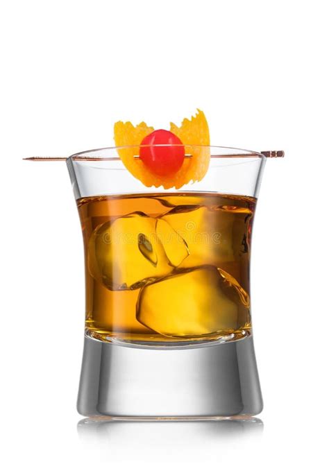 Glass With Old Fashioned Cocktail And Pick With Cocktail Cherry And