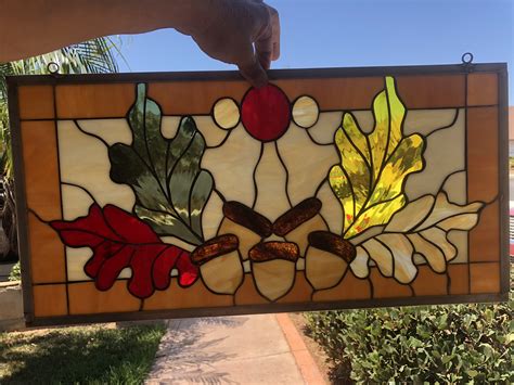 Autumn Leaves And Acorns Leaded Stained Glass Window Panel