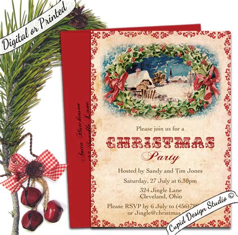 Vintage Christmas party invitations, personalized with matching envelopes.