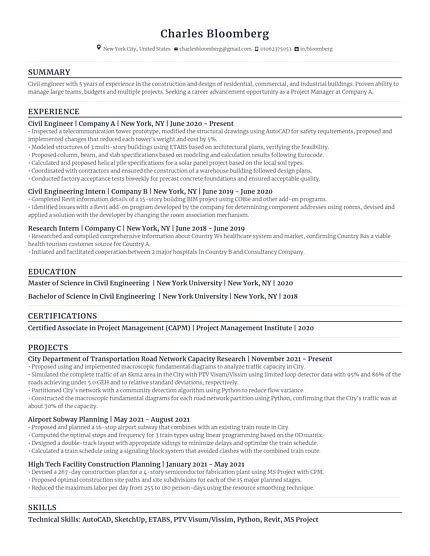 Civil Engineer Resume Example For Rezi Ai