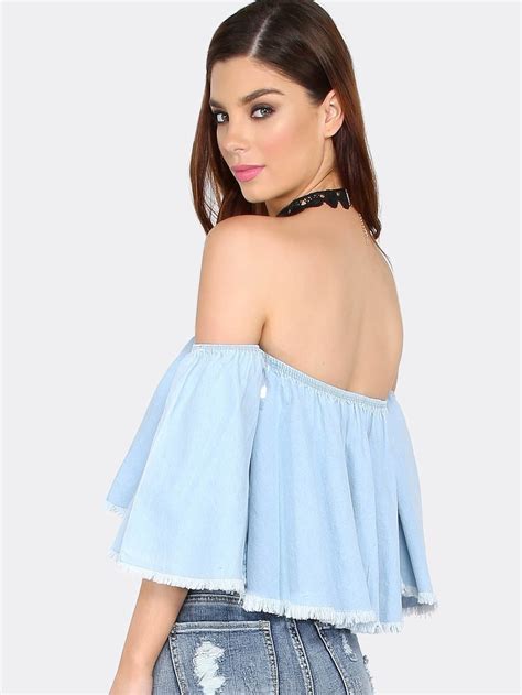 Blue Off The Shoulder Frayed Denim Top Shein Sheinside