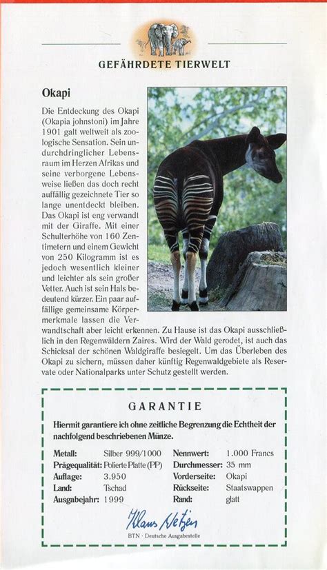 Tschad 1000 Francs 1999 Gefährdete Tierwelt Okapi pp in Kapsel mit