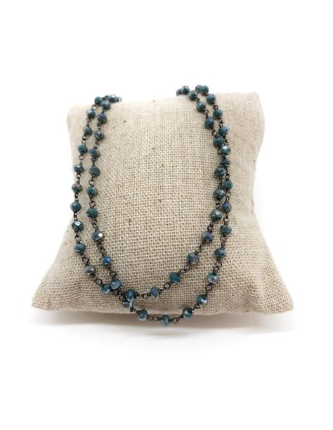 Collana Lunga Brunita Con Cristalli Blu Avio