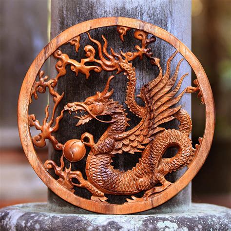 Kinabalu Dragon Hand Carved Wood Relief Wall Panel From Bali Kinabalu