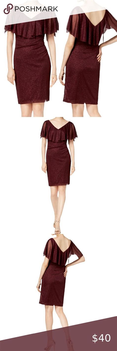 New Connected Apparel Bordeaux Glitter Ruffle Overlay Sheath Dress