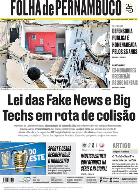 Capa Folha De Pernambuco Edi O Quarta De Maio De