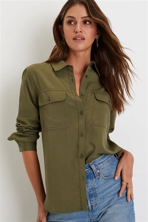 Olive Green Top Long Sleeve Top Button Up Top Twill Top Lulus