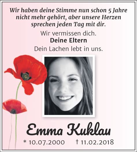 Traueranzeigen Von Emma Kuklau Abschied Nehmende