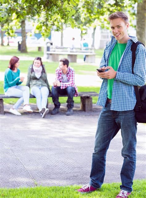 College Boy Text Messaging Blurred Students Park Stock Photos Free