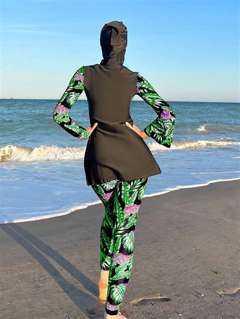 Shein Swim Mulvari Tropical Print High Neck Burkini Swimsuit With Hat