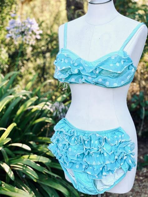 S Vintage Blue Polka Dot Bikini Gem