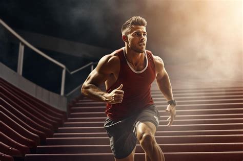 Premium Ai Image Muscular Man Running Down The Stairs With A Light Background