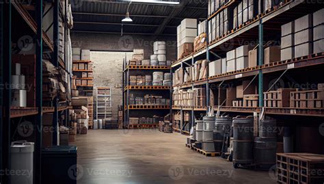 Large Industrial Warehouse With Shelves Full Of Goods Stock