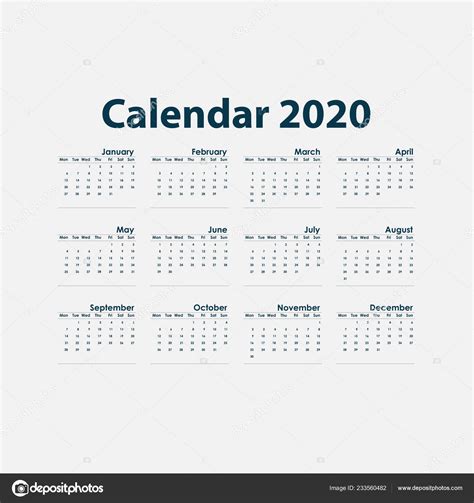 Plantilla Calendario 2020 Calendario 2020 Conjunto Meses Plantilla