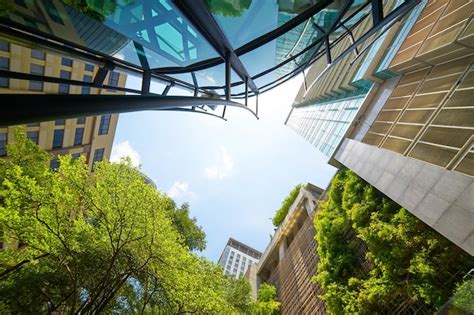 Premium Photo Low Angle Shot Of Modern Glass Buildings And Green With Clear Sky Background