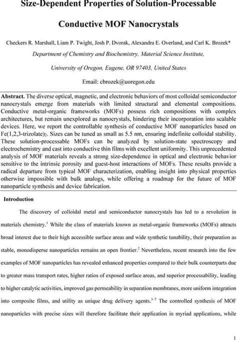 Size Dependent Properties Of Solution Processable Conductive Mof