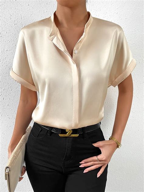 Shein Priv Camicia Monocolore Con Manica A Pipistrello In Raso Shein