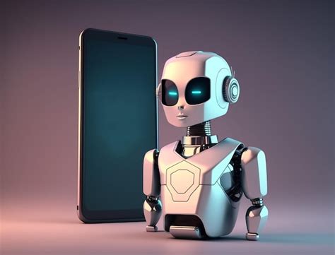 Robot futurista al lado de la pantalla del teléfono inteligente