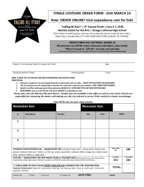 Fillable Online Finale Costume Order Form Fax Email Print Pdffiller