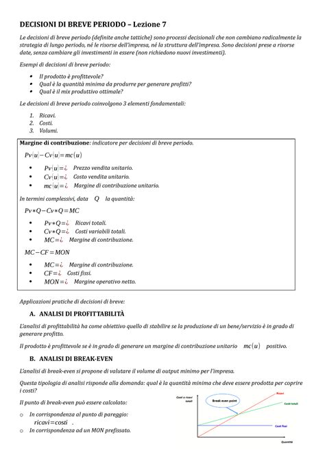 Lezione 7 Decisioni Di Breve Periodo DECISIONI DI BREVE PERIODO